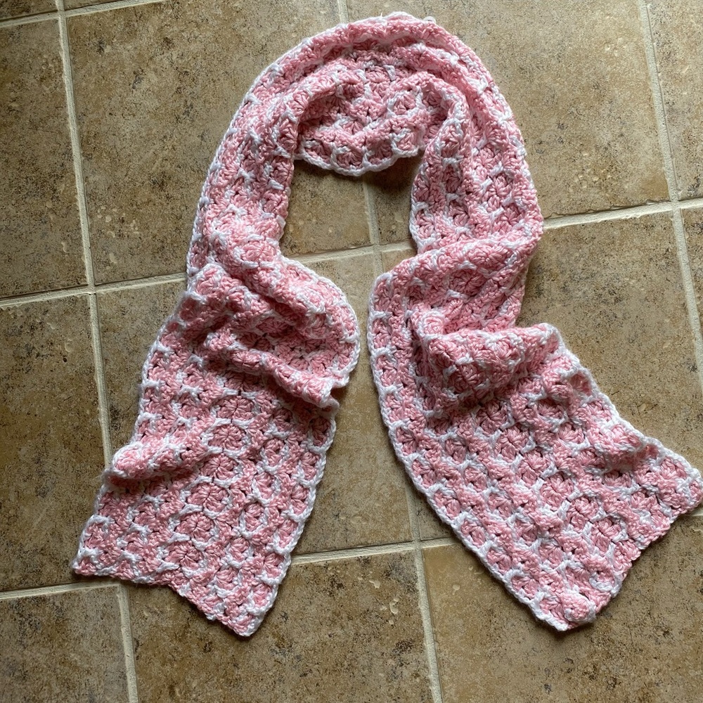NEW Hand crochet pink & white long scarf, Size: 9” x 68”